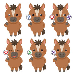 ○×△の札を持ったウマのキャラクターイラストセット