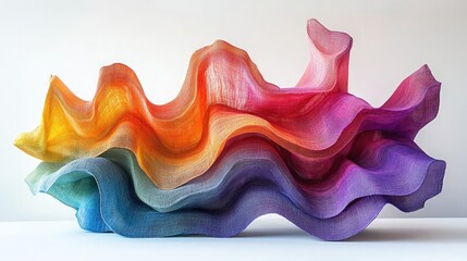 A colorful wavy fabric sculpture with gradient from yellow to purple on a white background