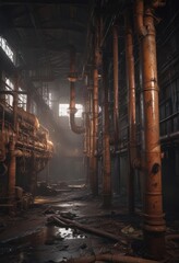 Rusty pipes drip in a dimly lit, abandoned factory  , collapsed, industrial_revolution