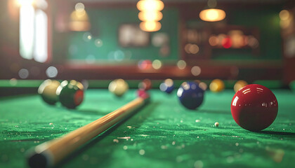 Pool table scene with balls and cue, lights