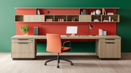 Modern Office Interior with Open Shelving and Ergonomic Chair
