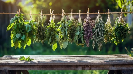 Herbal drying station with hanging bundles of mint, rosemary, and basil on a rustic wooden table, 