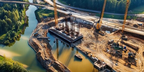 Fototapeta premium an aerial view of a construction site for a bridge