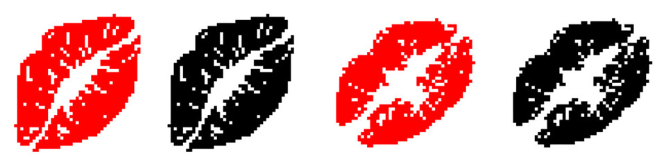 Retro pixel kiss print vector in 8-bit game style. Ideal for Valentine's Day designs, love themes, romantic gifts, gaming graphics, and nostalgic digital art
