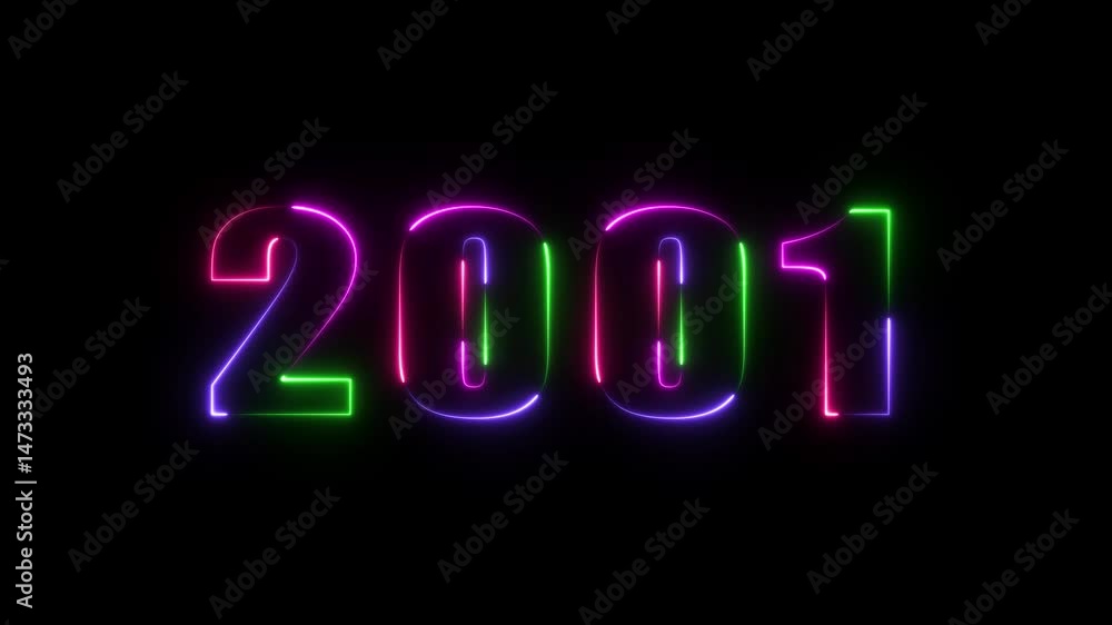 Poster 2001 neon line text animated. abstract 2001 neon text animation ,four neon color glowing neon number