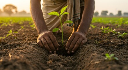 Planting a Seed Hands Gently Placing a Young Plant into Rich Soil, Cultivating Growth and Nourishing the Earth