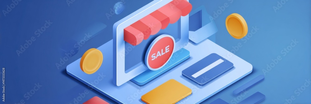Leinwandbilder Isometric Web Store Interface Featuring a Sale Badge and a Blank Center for Customizable Content Display