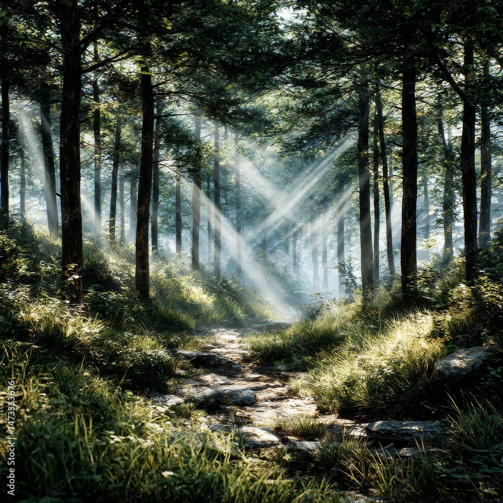 Poster Enchanting Forest Path: Sunlight Filters Through Tall Trees on a Stone Pathway Creating a Magical, Serene Scene.