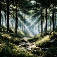 Obraz premium Enchanting Forest Path: Sunlight Filters Through Tall Trees on a Stone Pathway Creating a Magical, Serene Scene.