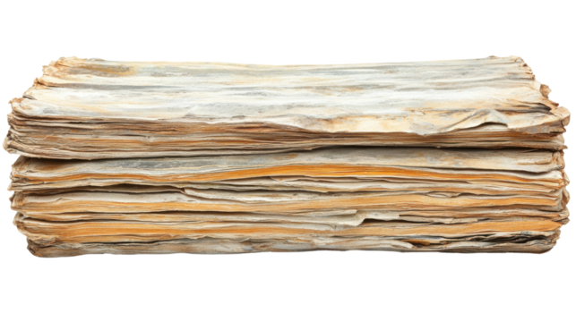 Old, worn, stacked pages with yellowed edges, showcasing passage of time and history. texture and layers evoke sense of nostalgia and curiosity