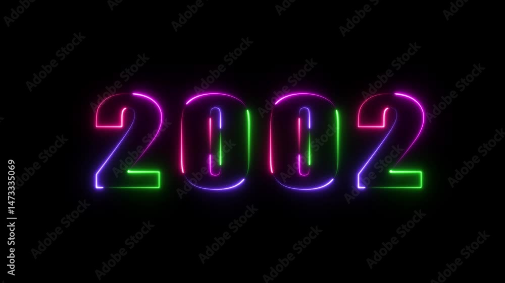 Poster 2002 neon line text animated. abstract 2002 neon text animation ,four neon color glowing neon number