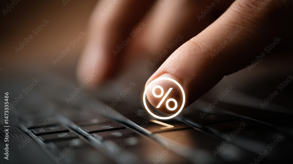 Poster hand clicking online discount button on laptop keyboard with focus on percentage symbol