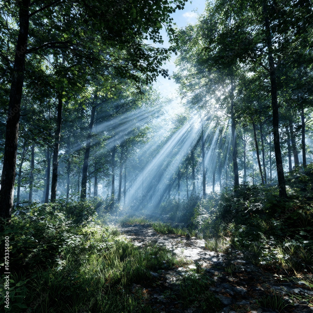 Poster Sunlit Forest Path: Beams of Light Streaming Through Trees and Mist Creating a Serene and Mystical Woodland Scene