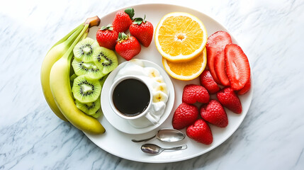 Overhead View of Fresh Fruit and Coffee Arrangement on White Plate Featuring Sliced Kiwi Bananas Oranges and Strawberries with a Marble Background