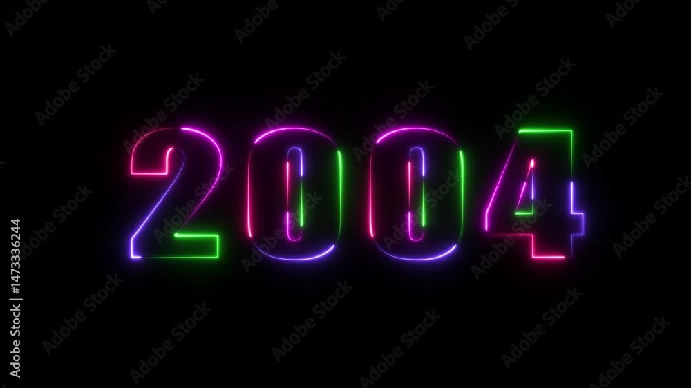 Poster 2004 neon line text animated. abstract 2004 neon text animation ,four neon color glowing neon number