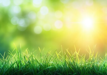 Obraz premium Lush green grass bathed in sunlight, vibrant bokeh background
