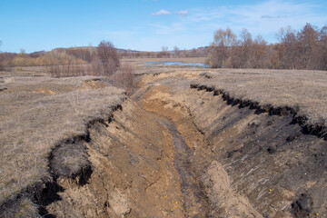 Ravine. Deep clay ravine, soil erosion.