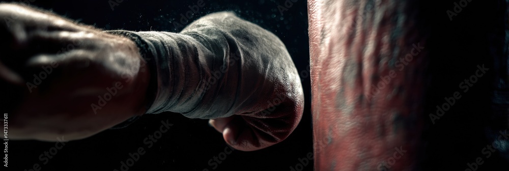 Poster impact of a strong punch on a punching bag showing a flexed arm, focus on training intensity and per