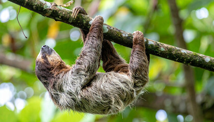 Fototapeta premium Sloth clings to a branch, fur matted, in a lush, green forest, eyes gazing skyward