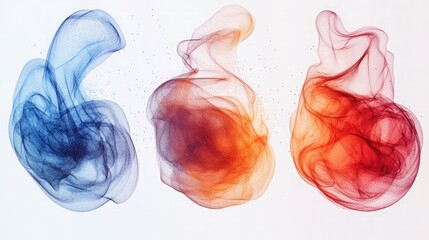 Three abstract translucent shapes in blue orange and red hues on a white seamless background