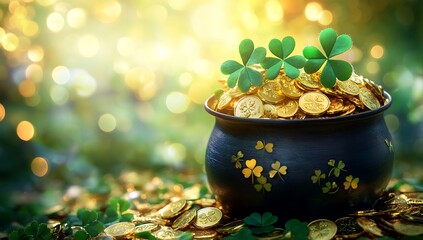 St patricks day pot of gold overflowing with treasure and bright shamrocks.