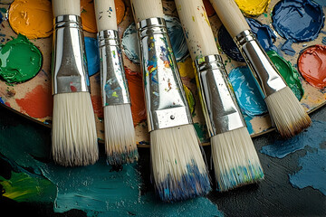 Fototapeta premium Paintbrushes and Vivid Palette with Multiple Paints in a Bright Studio Setting Overhead Shot