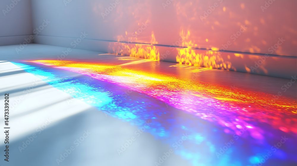 Poster abstract rainbow light refraction creating colorful patterns on white wall and floor surface