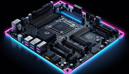 Neon Lit Motherboard: High-Tech Circuitry