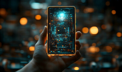 Person Holds Glowing Smartphone with Abstract Circuitry Display and Bokeh Background in Dark Setting