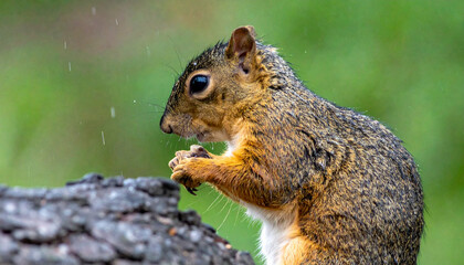 Squirrel on log in rain. Holds small food item. Blurred background