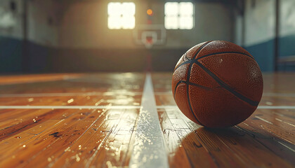 Basketball on polished court, light streaming through windows, blurred hoop in distance