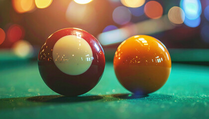 Two billiard balls, one red/white, one orange, on green felt with blurry background lights