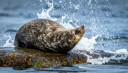 Seal basking on a rock formation amidst crashing waves in the ocean, looking to the right
