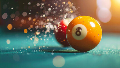 Billiards 8-ball and red ball with shimmering particles floating above a teal surface