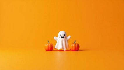 Spooky ghost and pumpkins on orange
