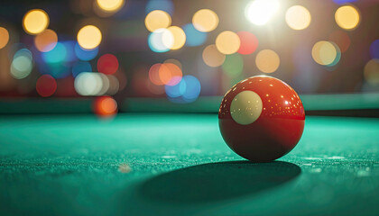Pool ball, close-up on green felt, shadowed, and bokeh background