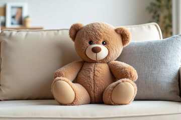 teddy bear sitting on top of a couch next to a pillow