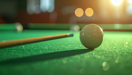 Pool time Cue ball rests before striking on green table