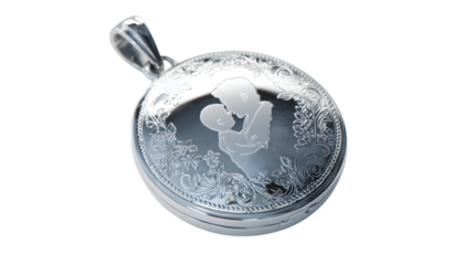 Elegant Silver Locket Pendant features intricate floral engraving surrounding a delicate etched silhouette of a parent embracing a child a perfect keepsake for cherished memories.