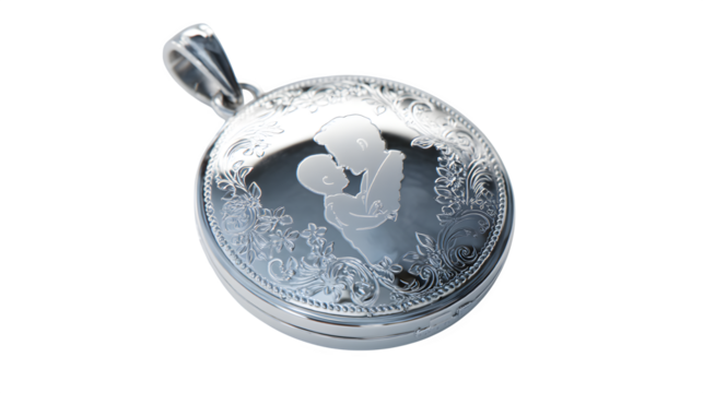 Elegant Silver Locket Pendant features intricate floral engraving surrounding a delicate etched silhouette of a parent embracing a child a perfect keepsake for cherished memories.