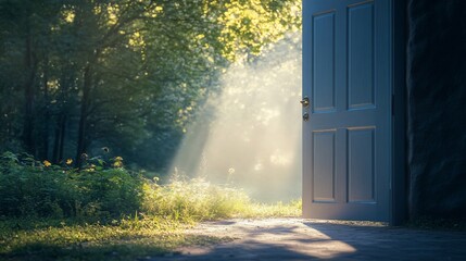 Open door to a sunlit forest, a path into nature and bright opportunities