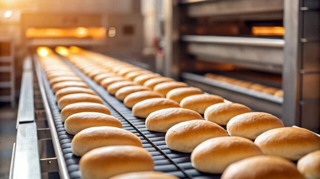Freshly Baked Bread Rolls Move Along a Conveyor Belt in a Modern Bakery Production Line showcasing Efficient Food Manufacturing Processes