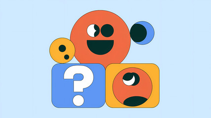 Fototapeta premium Abstract Illustration with Rounded Characters Featuring Smiley Orange Circle, Yellow Dot, and Blue Square with Question Mark