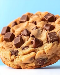 A close-up of a chocolate chip cookie with large chocolate chunks, resting on a white surface against a blue background