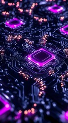Obraz premium A close-up of a circuit board with glowing purple chips and intricate wiring