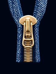 Obraz premium A close-up of a gold zipper pull on a blue denim fabric