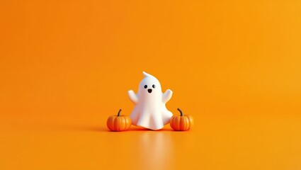 Spooky ghost with tiny pumpkin pals