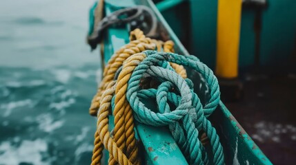 Fototapeta premium Tied-up ropes on a teal boat deck