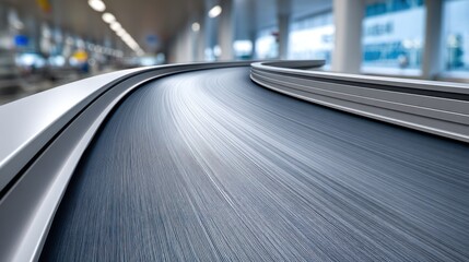 Fototapeta premium Curved, fast-moving conveyor belt, blurred motion, inside a building, metallic surface.