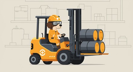 Animated canine worker operating forklift in industrial warehouse setting depiction